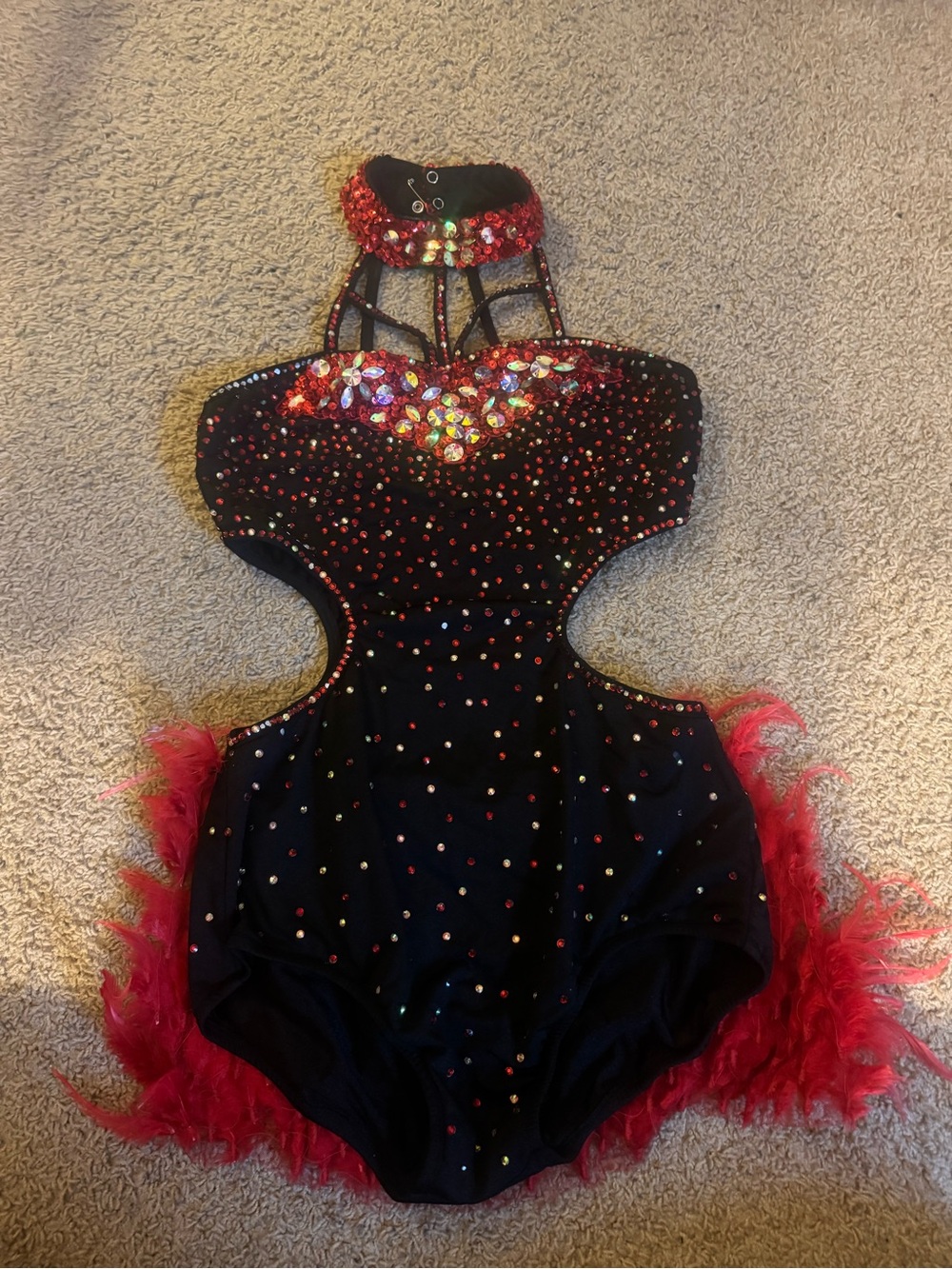 Custom Made Black and Red Sequin Feather Dance Costume